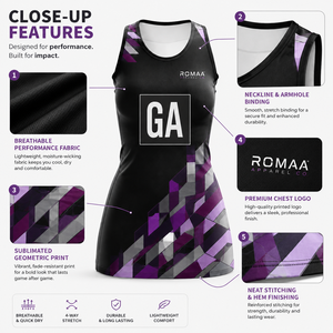 Vestido de netball personalizado para mujer, sin mangas, con cuello redondo, uniforme de equipo con dorsal posicionado, en colores negro, ciruela, morado, lila y gris. - Product Image 2