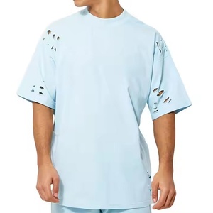 Camiseta Personalizada Extra Grande para Hombre, Color Azul Claro, Cuello Redondo, Estilo Urbano, 100% Algodón Jersey, Transpirable, Diseño Desgastado - Product Image 1