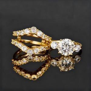 3CT Real Moissanite 925 Sterling Silver 3 Stone Engagement <b>Ring</b> Chevron V-shape Enhancer Wrap Guard Wedding Band Bridal Set <b>Ring</b> - Product Image 3