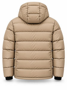 Blouson matelassé à capuche beige pour homme, chaud, coupe-vent, décontracté, fermeture éclair frontale, couleur unie, rembourrage en polyester épais, coupe régulière - Product Image 2