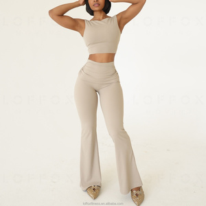 Leggings de yoga taille haute évasés pour femme, couleur unie, design froncé, sans couture, respirants, extensibles dans les quatre sens, Spandex/Nylon - Product Image 2