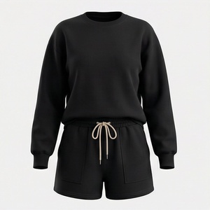 Women's 2 Piece Knitted Solid Black <b>Sweatshirt</b> and Shorts Set Crew Neck Loose Fit Above Knee Casual Wear Full Sleeve 100% Cotton - Product Image 1