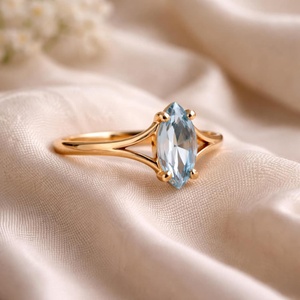 14K Gold Plated Bohemian Christian Style Marquise Cut Aquamarine <b>Ring</b> Women <b>Split</b> Shank Solitaire Anniversary Gift Jewelry - Product Image 4