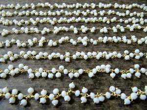 White Chalcedony rondelle faceted 3-4mm size Beaded <b>Wire</b> Wrapped dangling cluster thick Chain - Product Image 4