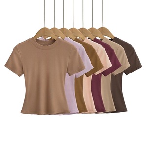 Camiseta Casual de Cuello Redondo y Manga Corta para Mujer, Color Sólido, Tejido de Algodón, Corte Regular, para Todas las Temporadas, Camiseta Básica - Product Image 1