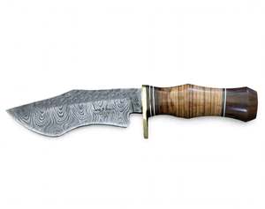 Handcrafted Custom Damascus Steel Outdoor Utility <b>Tool</b> Recurved Blade Stacked <b>Leather</b> Walnut Wood Handle Brass Guard - Product Image 2