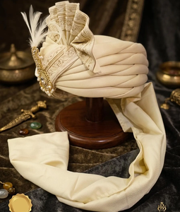 Pañuelo de Seda Beige Real para Novio con Perlas Decorativas y Cristales, Elegante Turbante Indio para Boda, Venta al por Mayor - Product Image 4