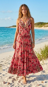 Talla Única Y2K, Vestido Largo Estilo Bohemio Natural, Tejido en India con Seda, Corte en A, Estampado Floral Paisley, Estilo Coreano, Cuello en V, Sin Mangas, Casual para Uso Diario - Product Image 3