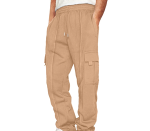 <b>Men's</b> Beige Cotton Cargo Sweatpants Elastic Waist Drawstring Multiple Pockets Casual Autumn Wear - Product Image 1