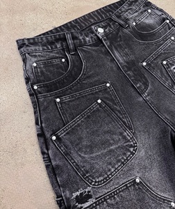 Shorts en jean noir délavé et usé |   Shorts en jean streetwear multi-poches |   Jean baggy déchiré |   Fabricant de Marques Privées OEM - Product Image 5