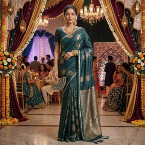 Sari de satén verde puro de diseñador, tejido a mano, con trabajo de zari dorado |   Elegante Saree Tradicional Festivo para Bodas para Mujeres - Product Image 3