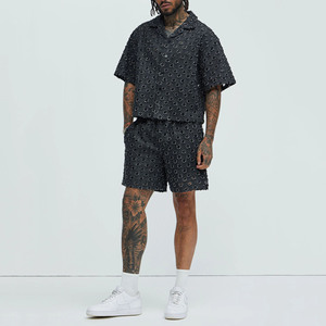 Men's <b>Geometric</b> Print Short Sleeve <b>Shirt</b> & Shorts Set Turn-Down Collar Casual Summer Wear Breathable Woven Polyester - Product Image 4
