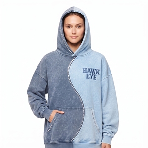 Sudadera con capucha para mujer, bicolor, con pedrería, oversize, lavado ácido, de algodón grueso, forro polar, hombros caídos, con logo personalizado, para invierno - Product Image 3