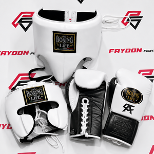 No Boxing No Life - Guantes de Boxeo Personalizados de Piel de Vacuno Genuina Blanca/Dorada con Cordones, Protector de Cabeza y Cadera - Product Image 3