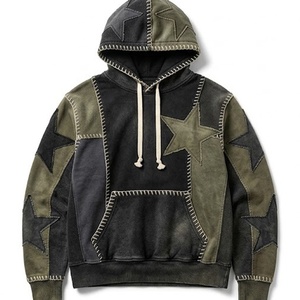 Sudadera con Capucha Personalizada con Parches de Estrellas y Costuras Decorativas |   Sudadera con Capucha Extra Grande Estilo Vintage |   OEM y ODM - Product Image 5