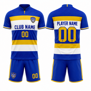 Ensemble de maillots de football personnalisés imprimés bleu jaune blanc à motif floral, col montant, manches courtes, pour homme adulte, respirant, en maille 100% polyester - Product Image 1