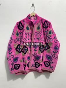 Wholesale Hand Embroidered Vintage Breathable Pink <b>Velvet</b> <b>Blazer</b> Women's Wear Turn-down Collar Full Sleeve Solid Autumn Jacket - Product Image 2