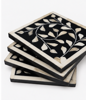 Ensemble de sous-verres décoratifs en os incrusté, faits à la main, écologiques, motif floral carré, 4 sous-verres + 1 support, décoration de table de luxe