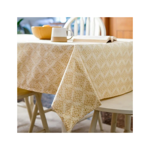 Nappe en coton moutarde à motif damassé imprimé en bloc avec bordure à pompons, pour la décoration de table, vente en gros, fabricant OEM, exportation de tissus - Product Image 3
