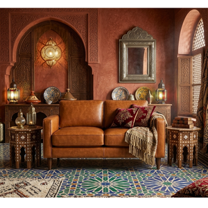 Sofá de Cuero para Sala de Estar Estilo Marroquí, Sofá de Cuero Genuino Color Coñac, Diseño Boho Exótico, Muebles de Salón en Tonos Cálidos - Product Image 1