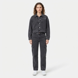 <b>Women</b> Black Denim Jacket Cargo <b>Jeans</b> Set <b>Cropped</b> Button Front Jacket High Waist Multi Pocket Pants Two Piece Outfit - Product Image 1