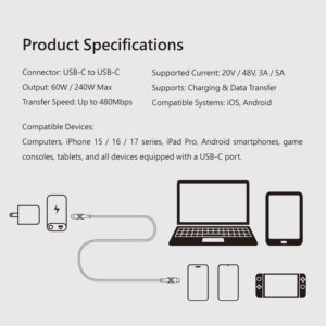2026 Tian Dian Durable Type-<b>C</b> 60W Fast Charging <b>Cable</b> Zinc Alloy Pure Copper Braid PVC Jacket 1M Android IOS Mobile Phones - Product Image 4
