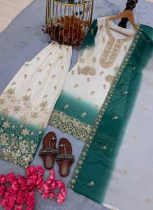 Ensemble de costume trois pièces en georgette bicolore de créateur avec haut brodé, palazzo orné de paillettes et magnifique dupatta pour femme, style ethnique - Product Image 4
