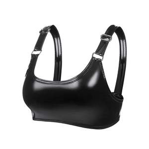 Débardeur court noir en cuir verni pour femme, col rond, sexy, pour club, couleur unie, tricoté en Spandex et Polyester - Product Image 4