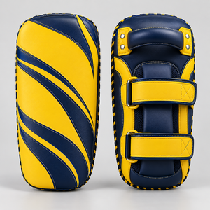 Blue Yellow Leather Thai Pads Boxing Kick Mitts with Adjustable Hook Loop <b>Straps</b> - Product Image 1