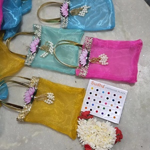 Rajasthani Silk Organza Potli Bags with <b>Gota</b> Patti Lace Lotus Motif & Pearl Tassels Traditional Ethnic Batwa Purses for Weddings - Product Image 1