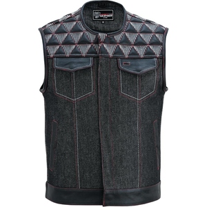 Gilet de motard personnalisé pour homme en denim noir et cuir véritable, avec encolure brodée style western, pour club de motards, fabricant OEM - Product Image 5
