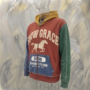 Sudadera con capucha y cremallera Snowgrace unisex de gran tamaño, chaqueta de forro polar con bloques de color vintage, diseño de bolsillo con estampado de caballo, manga raglán - Product Image 4