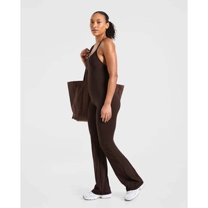Combinaison de yoga noire pleine longueur pour femme, bretelles spaghetti, taille haute, respirante, couleur unie, ensemble 2 pièces, personnalisable à l'avant - Product Image 4