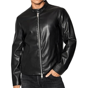 Casual Men's Black Eco-Friendly Breathable Leather Winter <b>Jacket</b> Stand Collar Front Logo Customizable OEM Service Fashion <b>Jacket</b> - Product Image 1