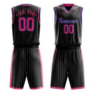 Ensemble de maillots de basket-ball sublimés personnalisés, noir et rose rayé, col en V, sans manches, unisexe adulte, respirant, impression du nom de l'équipe - Product Image 3