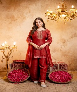 Women Traditional Red <b>Silk</b> Embroidered Vintage Quick Dry Ethnic Wear <b>Kurta</b> Set India Pakistan Regular Fit Ankle Length 86677 - Product Image 1