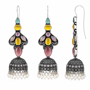 Wholesale Supplier <b>Oxidized</b> Silver Jhumka Earrings | Multicolor Stone Fashion Dangle Earrings - Product Image 3