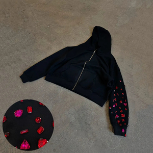 <b>Black</b> Cropped Hoodie With Rhinestone <b>Heart</b> Sleeve Regular Fit Unisex Casual Autumn Wear - Product Image 4