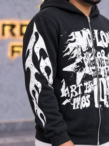 Men's <b>Black</b> <b>Zip</b>-<b>Up</b> <b>Hoodie</b> With Printed Front Graphic Sleeve Flame Print Full Front Zipper Spacious Pockets Streetwear Style - Product Image 4