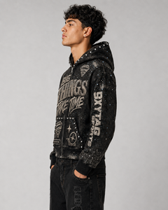 Sweat à capuche zippé en molleton épais avec strass et délavage acide, imprimé graphique, style punk streetwear Y2K pour homme - Product Image 2