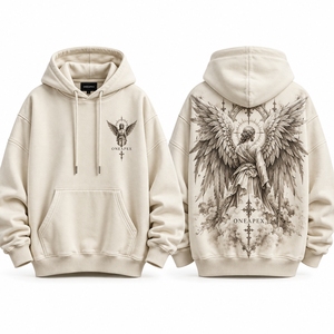 Sweat-shirt à capuche crème pour homme, imprimé ange, coupe oversize, streetwear ONEAPEX, vente en gros personnalisée - Product Image 1