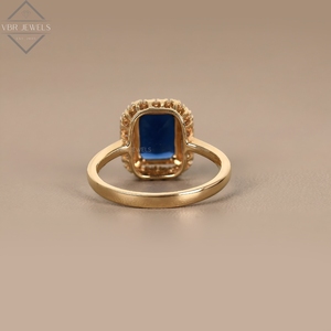 Anillo de lujo con halo de diamantes y zafiro azul, oro amarillo, gema de corte esmeralda, joyería de compromiso nupcial, regalo para mujer, proveedor. - Product Image 2