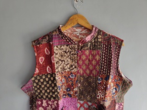 Veste sans manches en coton tricoté à col mandarin pour femme, imprimé floral patchwork bohème, poches, respirante, écologique - Product Image 4