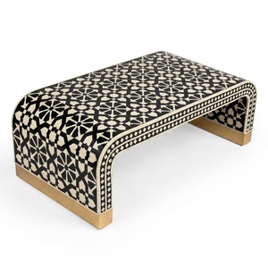 Table basse classique en os incrusté, noire et blanche, géométrique, style cascade, table centrale artisanale en os de chameau, mobilier d'appoint en promotion - Product Image 1