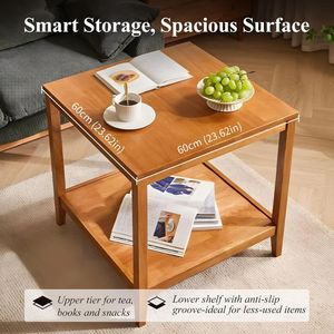 Square Coffee <b>Table</b> Solid Wood Couch <b>Side</b> <b>Table</b> with <b>Storage</b> Space, 2-Tier Wooden <b>Table</b> for Living Room, Rubber Wood <b>Side</b> <b>Table</b> - Product Image 5