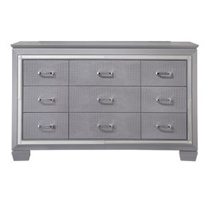 Comò Moderno a 9 Cassetti con Specchio, Dettagli in Finto Cristallo e Finiture Cromate, 1 Pezzo, Colore Argento - Product Image 1