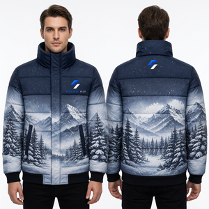 Chaqueta de Invierno para Hombre, Estampado de Montaña Nevada, Cuello Alto, Cierre de Cremallera, Resistente al Viento, Informal, Material Grueso de Poliéster - Product Image 1