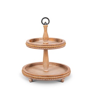 Support à gâteau en bois fait main à deux niveaux avec bord perlé et poignée en métal, finition naturelle - Product Image 5