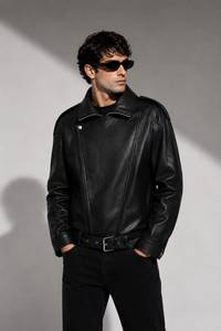 Chaqueta de Lona y Cuero Genuino para Hombre, Estilo Motociclista Vintage, Cierre de Cremallera, Cuello Camisero, Manga Larga, Chaqueta Casual de Moda - Product Image 2