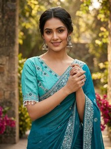 Sari indien traditionnel bleu turquoise brodé pour femme, longueur ras du sol, tenue ethnique avec bordure argentée - Product Image 2